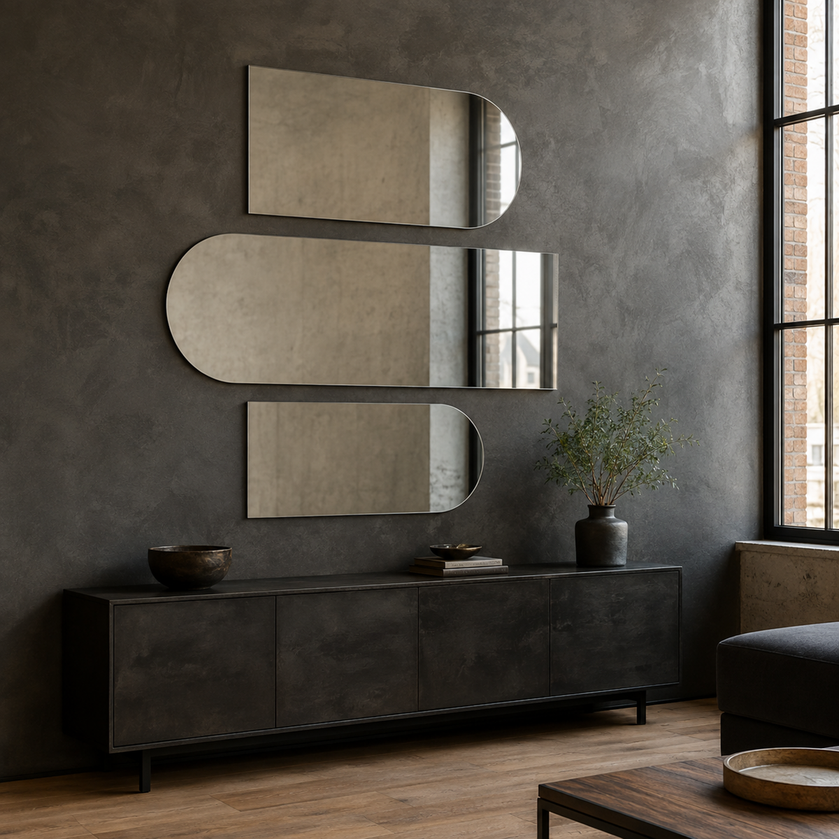 Halbovaler Spiegel 50 × 20 cm, mit Aufhängern und Dübeln – Produktbild 1