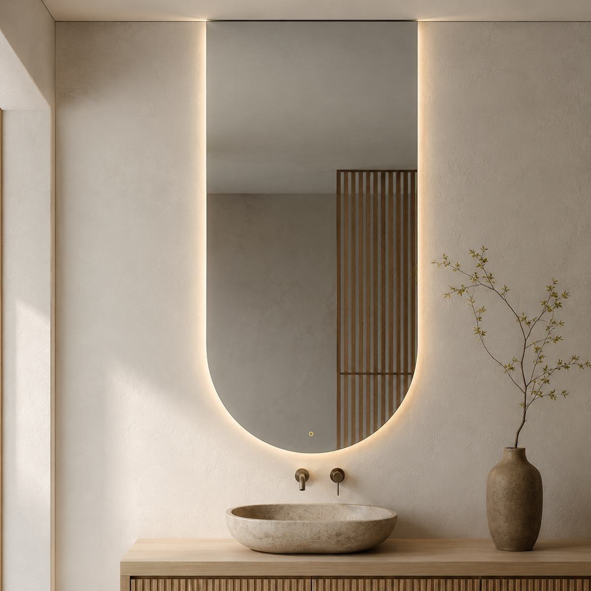 Halbovaler LED-Spiegel 20 × 110 cm, Wandschalter – Produktbild 5