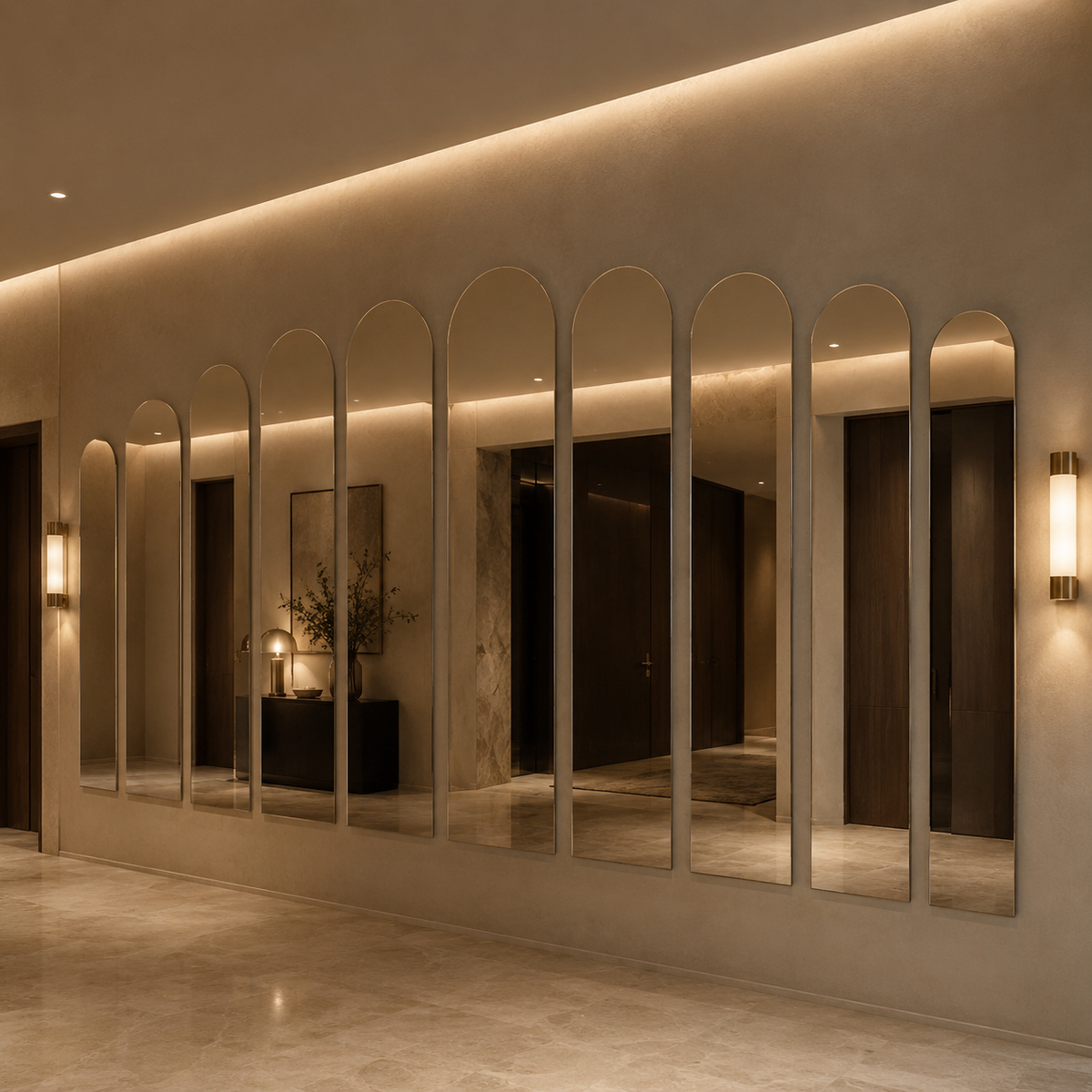 Bogenspiegel 100 × 250 cm, rahmenlos, mit Spiegelaufhängungen und Dübeln – Ansicht 5