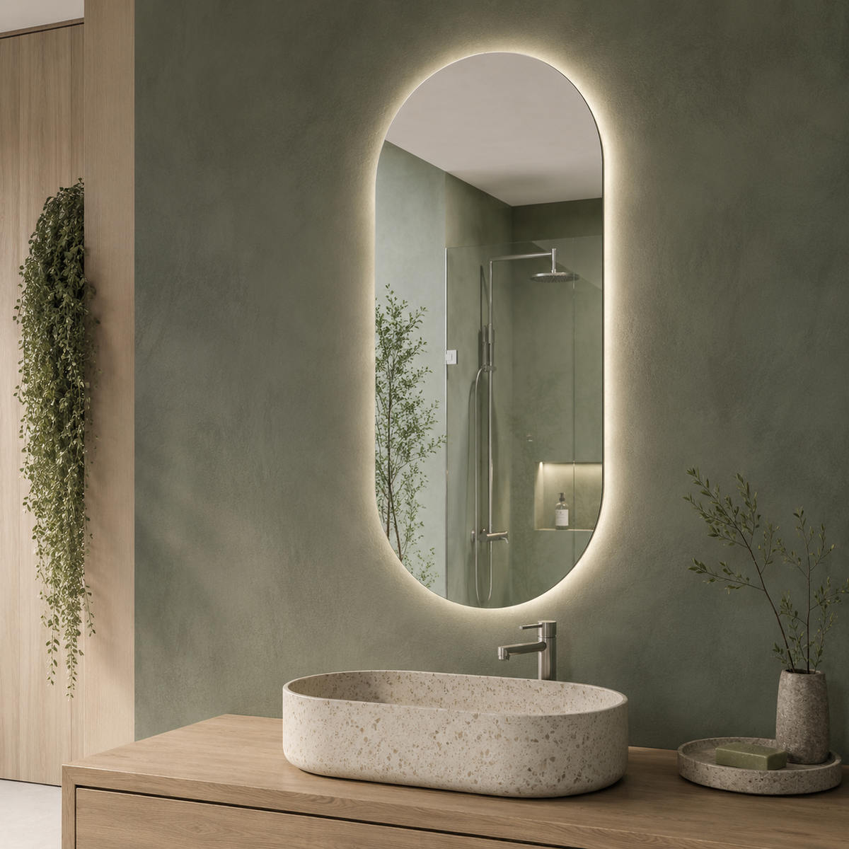Ovaler LED-Wandspiegel 20 × 130 cm, rahmenlos, Touch-Schalter – Produktbild 1