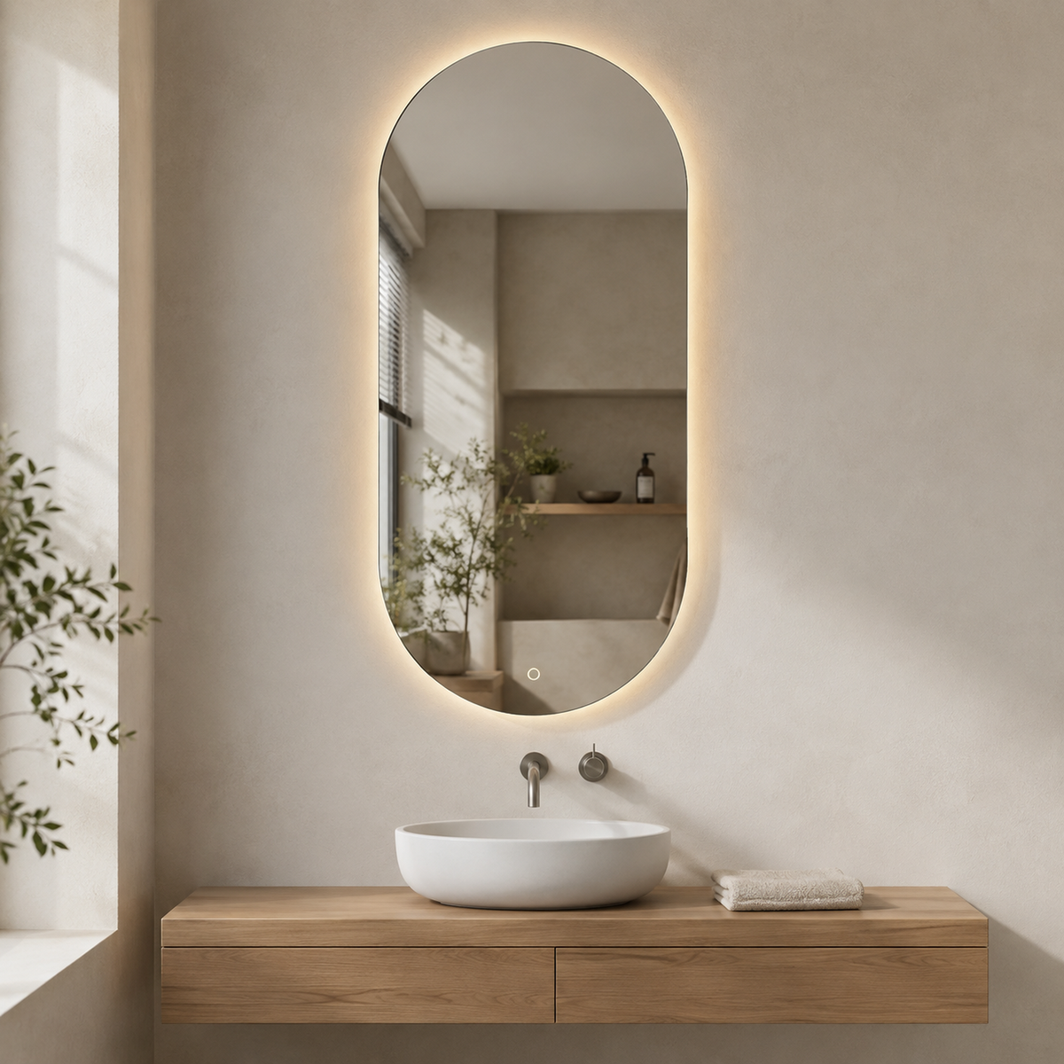 Ovaler LED-Wandspiegel 30 × 40 cm, rahmenlos, Touch-Schalter – Produktbild 5