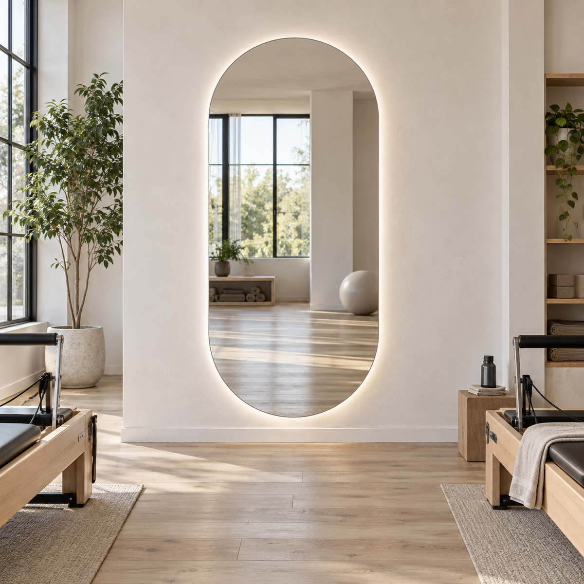 Ovaler LED-Wandspiegel 30 × 130 cm, rahmenlos, Wandschalter – Produktbild 3