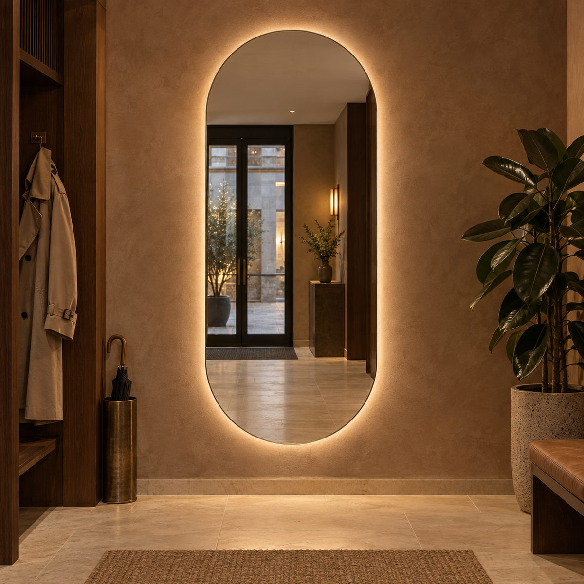 Ovaler LED-Wandspiegel 30 × 130 cm, rahmenlos, Wandschalter – Produktbild 4