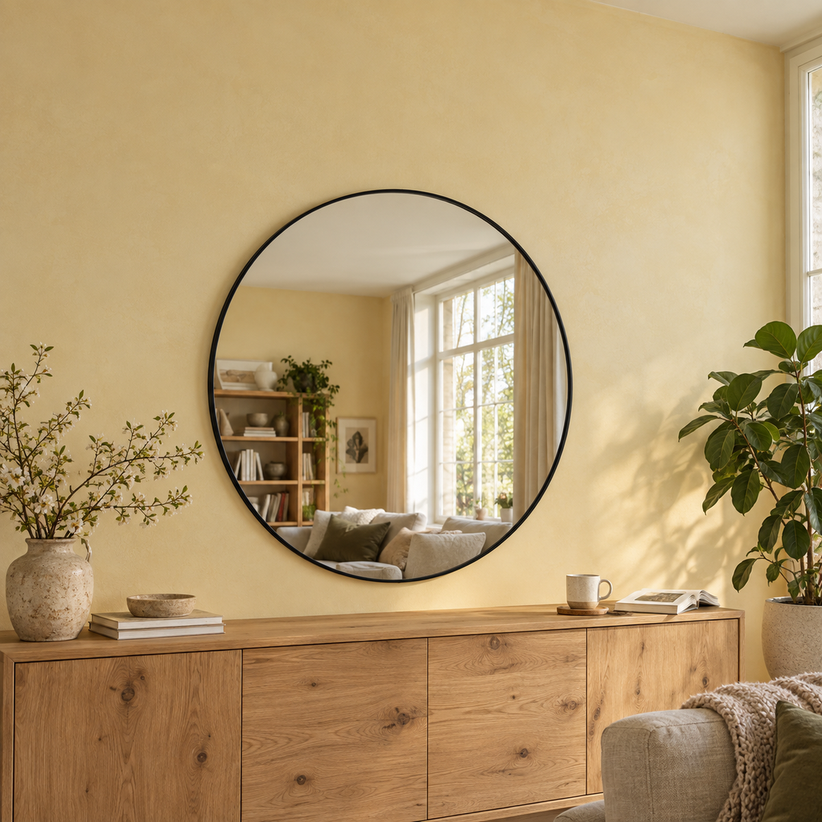 Runder Spiegel Ø 90 cm mit roségoldenem Slim-Rahmen, mit Aufhängern und Dübeln – Produktbild 1