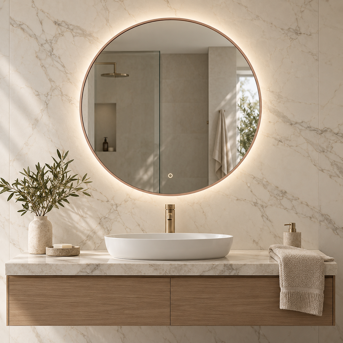 Runder LED-Spiegel Ø100 cm, schwarzer Slim-Rahmen, Touch-Schalter – Produktbild 5