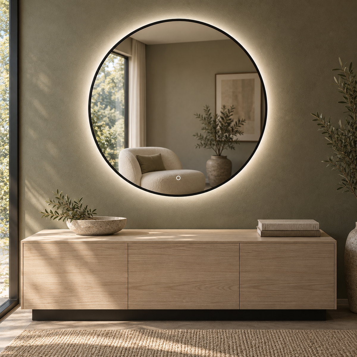 Runder LED-Spiegel Ø60 cm, schwarzer Slim-Rahmen, Touch-Schalter – Produktbild 5