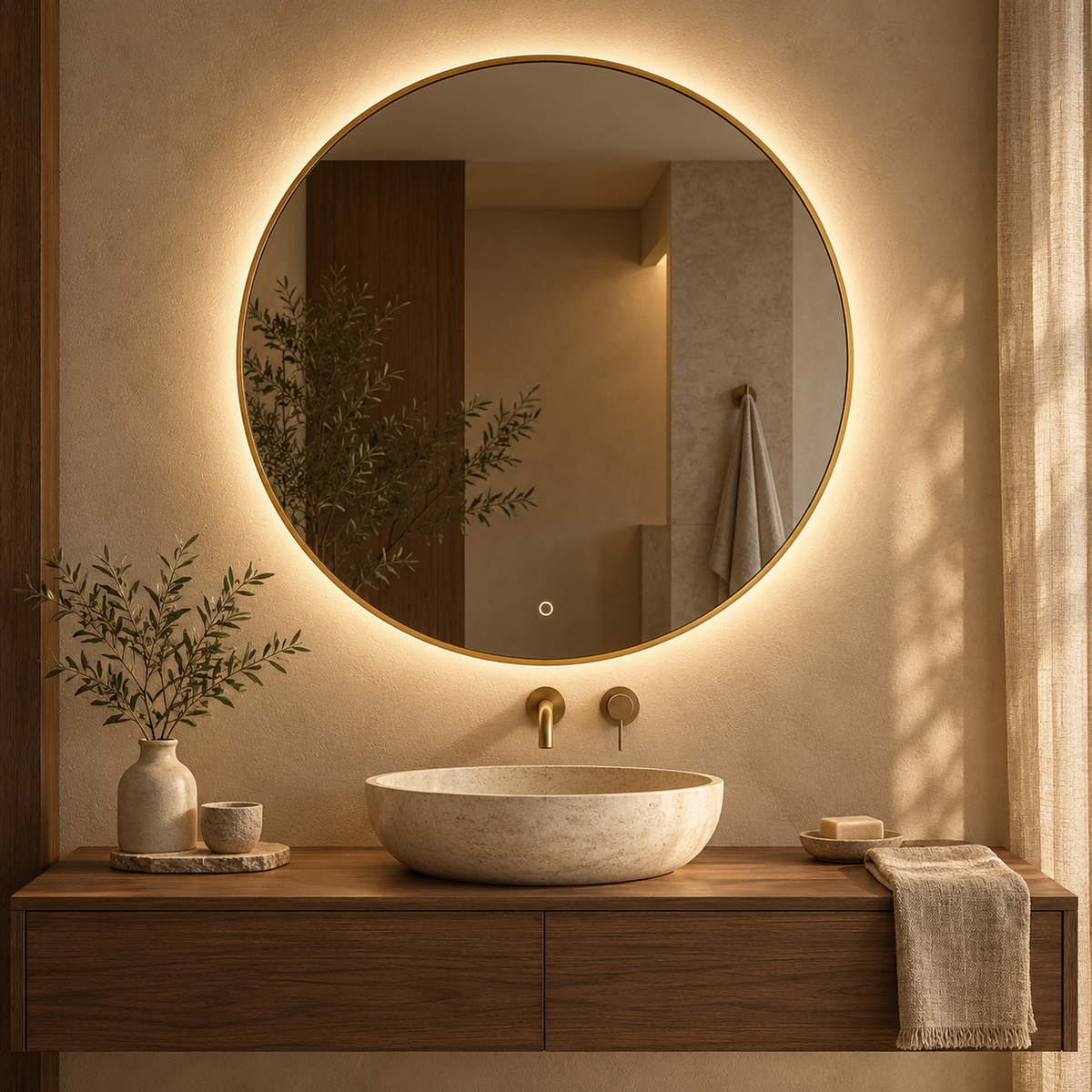 Runder LED-Spiegel Ø70 cm, weißer Slim-Rahmen, Touch-Schalter – Produktbild 1