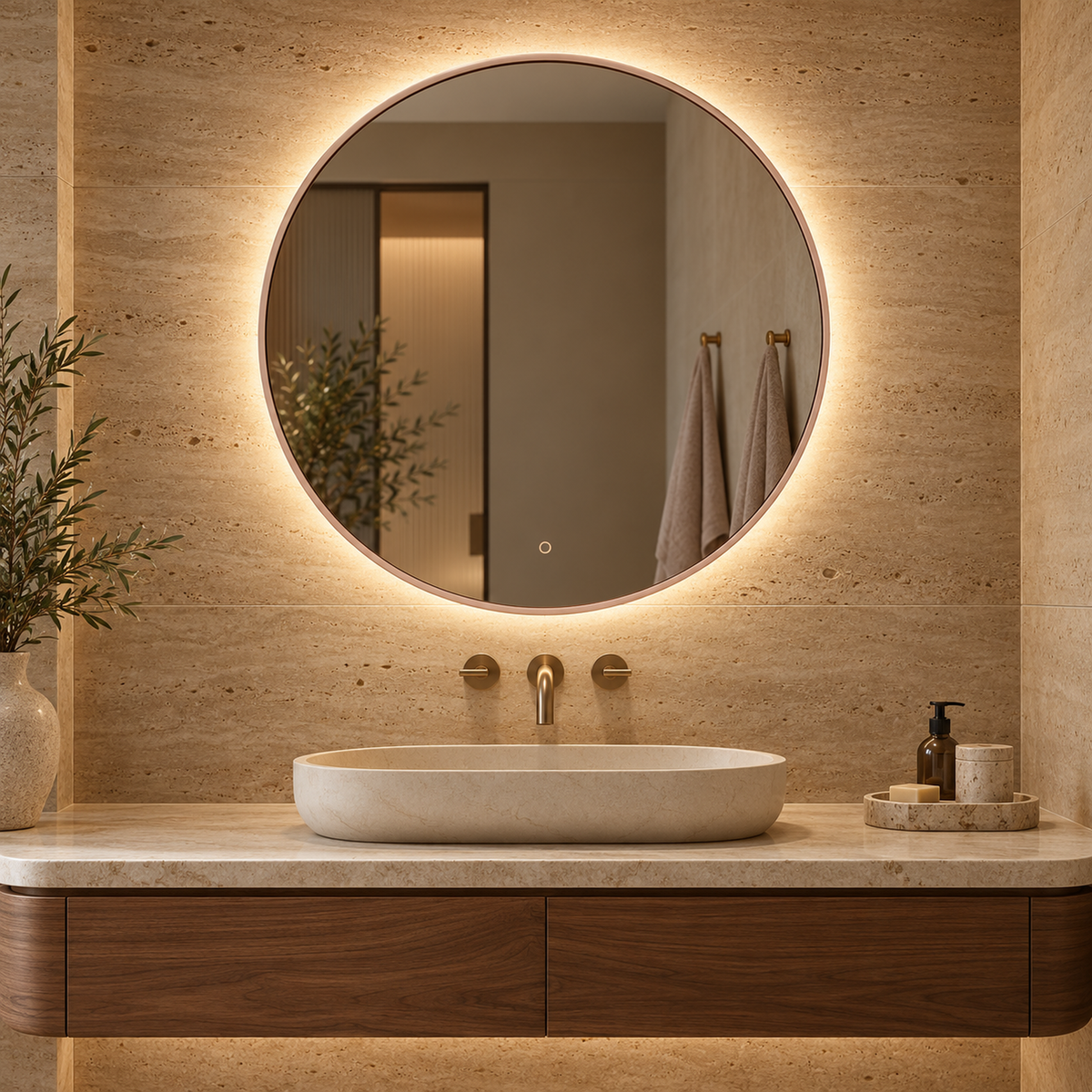 Runder LED-Spiegel Ø90 cm, weißer Slim-Rahmen, Touch-Schalter – Produktbild 1