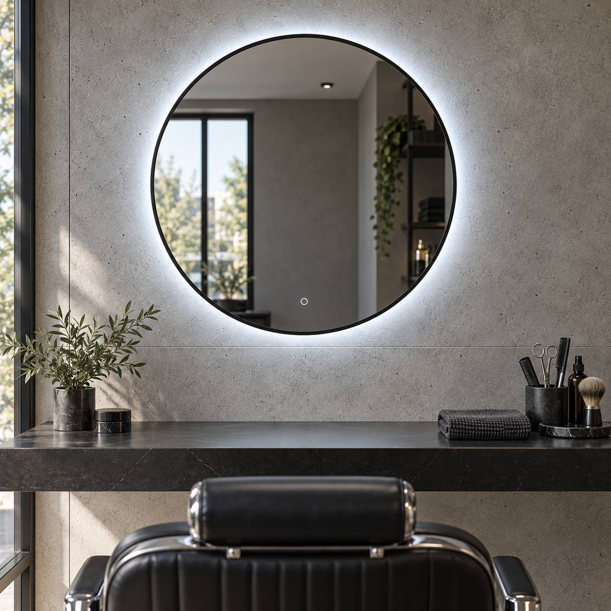 Runder LED-Spiegel Ø90 cm, weißer Slim-Rahmen, Touch-Schalter – Produktbild 5