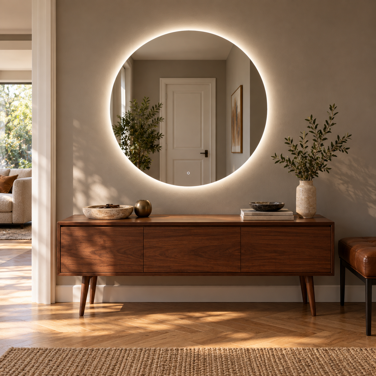 Runder LED-Spiegel Ø110 cm, rahmenlos, Wandschalter – Produktbild 2