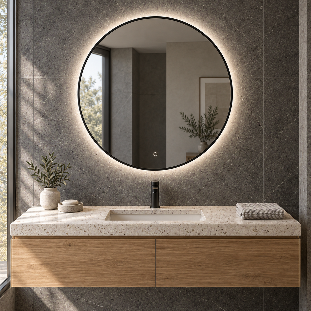 Runder LED-Spiegel Ø100 cm, goldfarbener Slim-Rahmen, Touch-Schalter – Produktbild 5