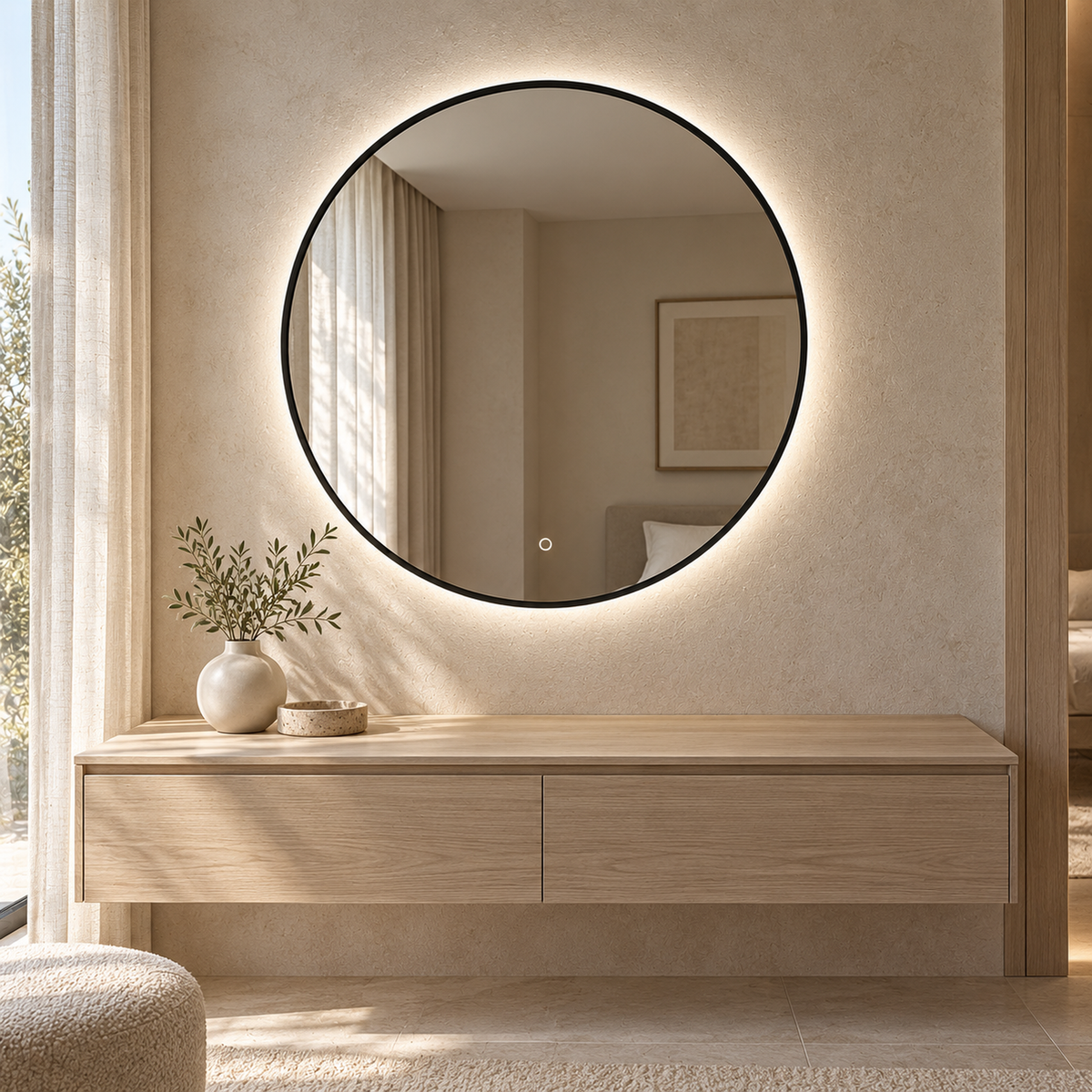 Runder LED-Spiegel Ø130 cm, weißer Slim-Rahmen, Touch-Schalter – Produktbild 1