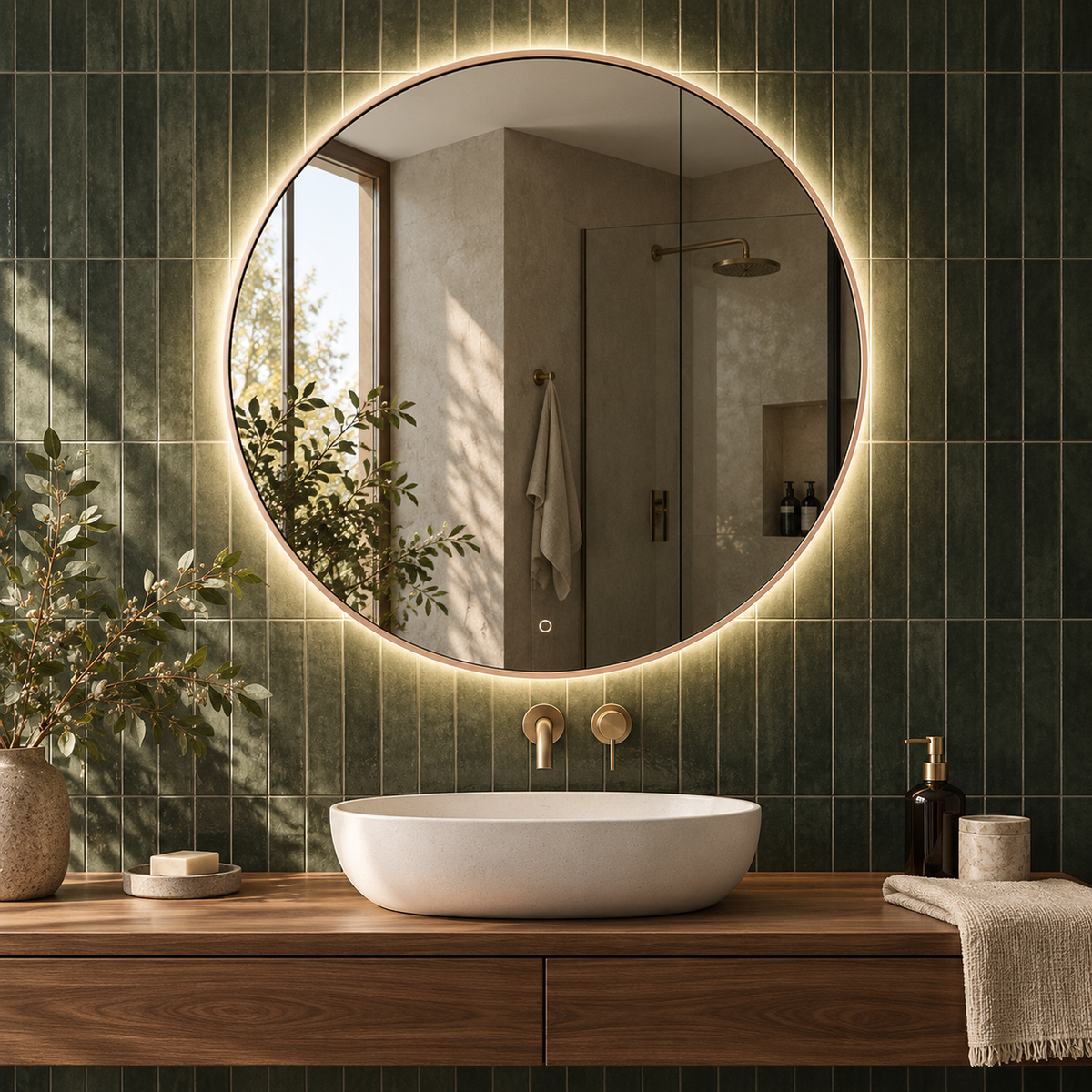 Runder LED-Spiegel Ø150 cm, schwarzer Slim-Rahmen, Touch-Schalter – Produktbild 5