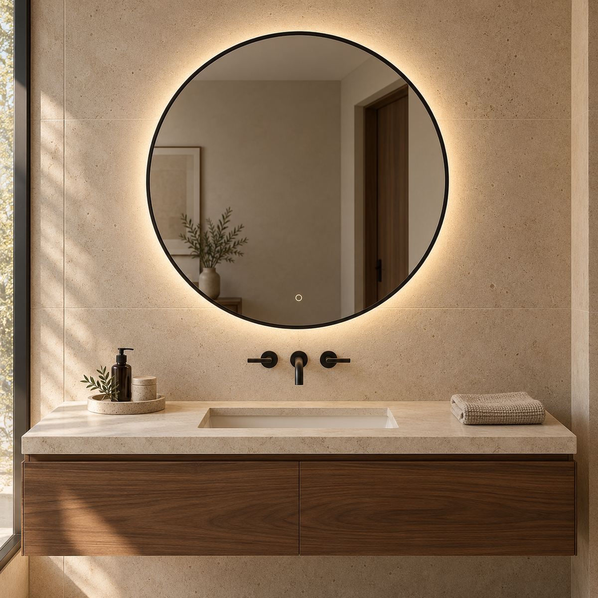 Runder LED-Spiegel Ø150 cm, goldfarbener Slim-Rahmen, Touch-Schalter – Produktbild 4