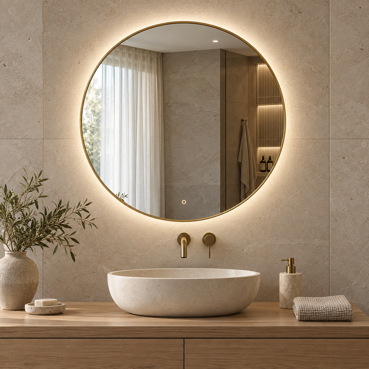 Runder LED-Spiegel Ø150 cm, goldfarbener Slim-Rahmen, Touch-Schalter – Produktbild 5