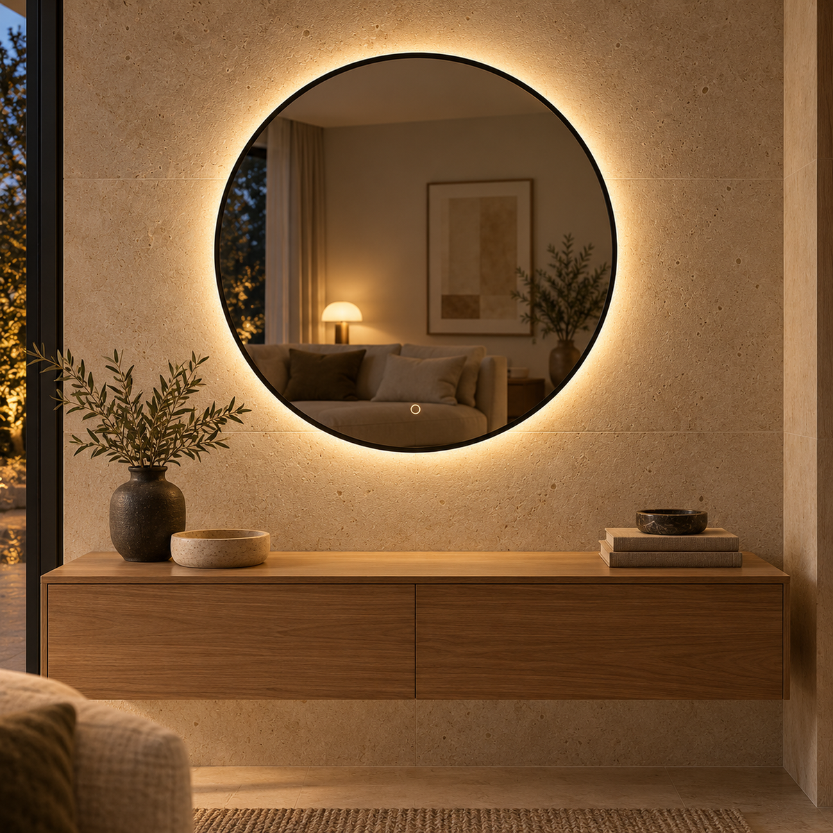 Runder LED-Spiegel Ø160 cm, weißer Slim-Rahmen, Touch-Schalter – Produktbild 4