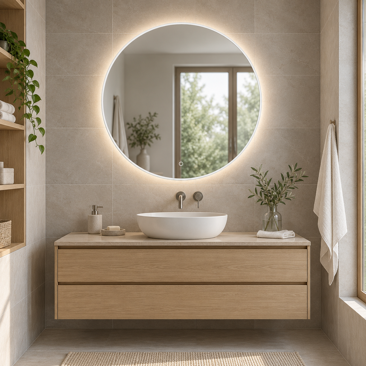 Runder LED-Spiegel Ø50 cm, schwarzer Slim-Rahmen, Touch-Schalter – Produktbild 1