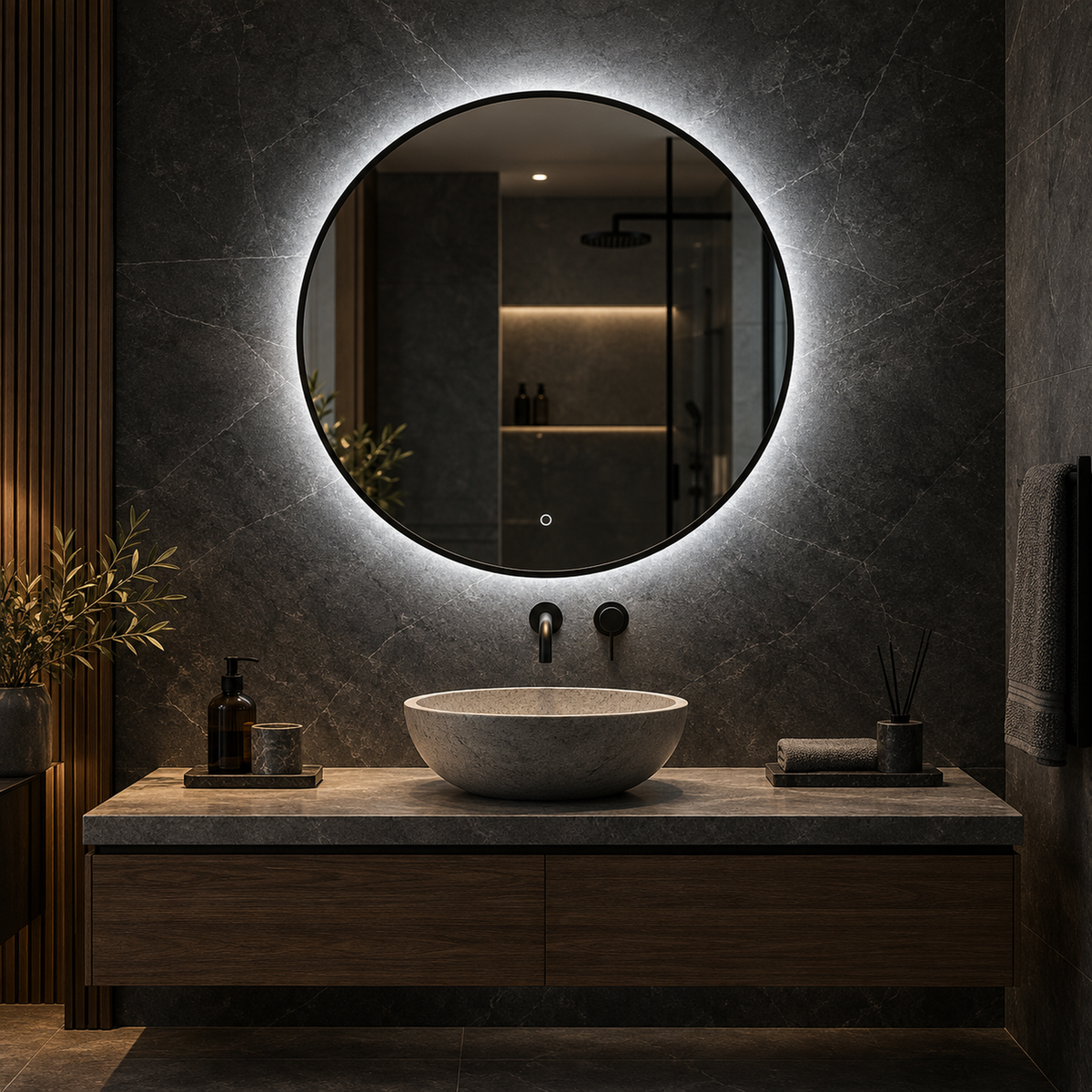 Runder LED-Spiegel Ø50 cm, schwarzer Slim-Rahmen, Touch-Schalter – Produktbild 2
