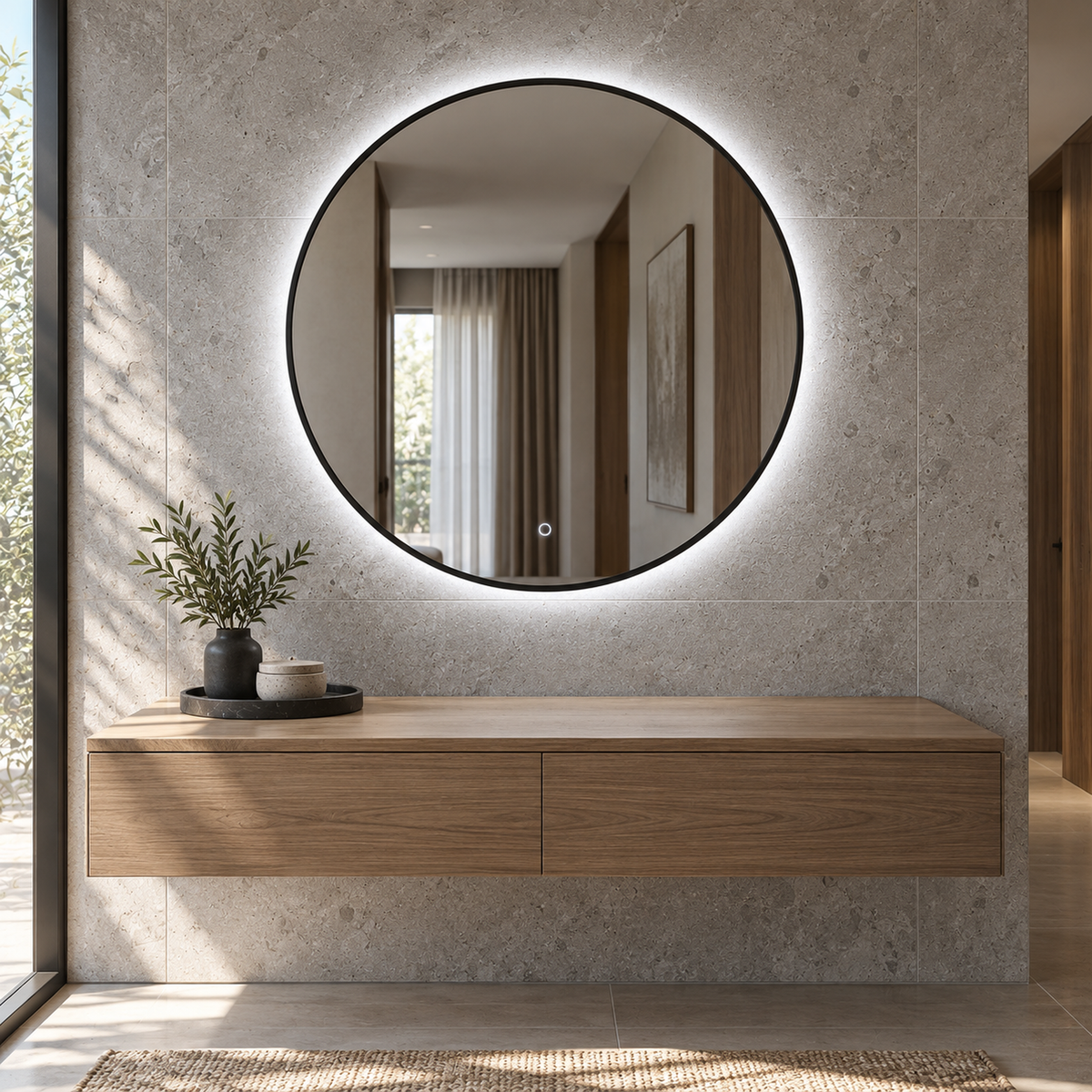 Runder LED-Spiegel Ø60 cm, rosa Slim-Rahmen, Touch-Schalter – Produktbild 5