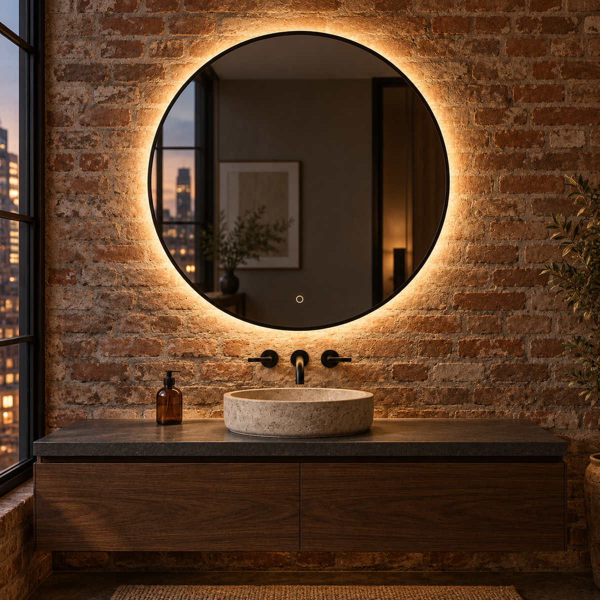Runder LED-Spiegel Ø70 cm, schwarzer Slim-Rahmen, Touch-Schalter – Produktbild 1