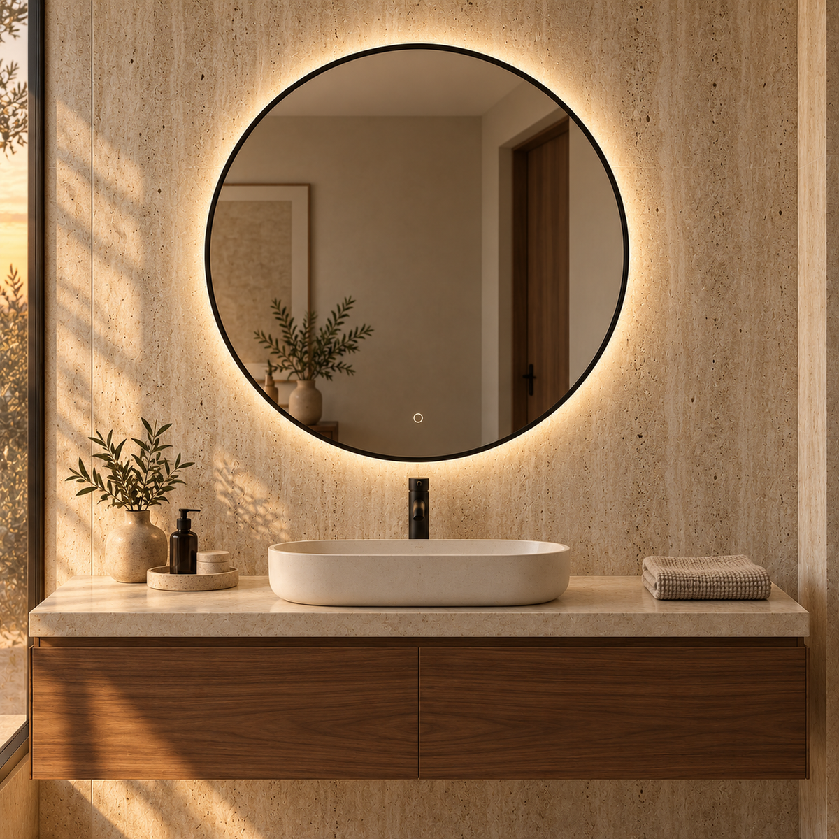 Runder LED-Spiegel Ø50 cm, weißer Slim-Rahmen, Wandschalter – Produktbild 2