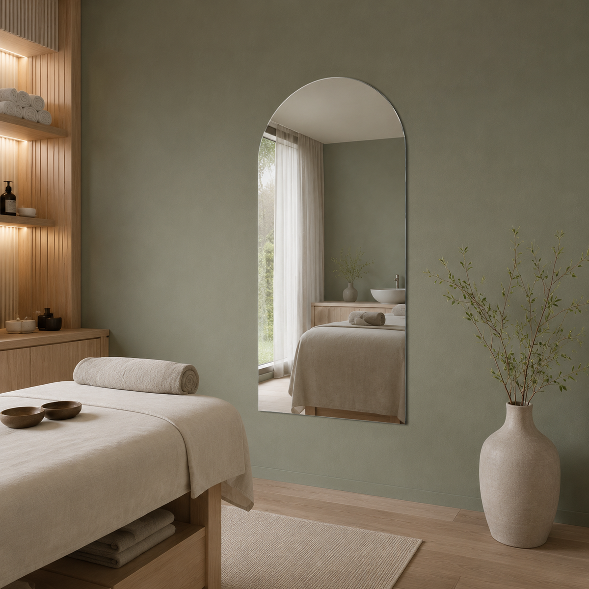 Bogenspiegel 20 × 220 cm, rahmenlos, mit Spiegelaufhängungen und Dübeln – Ansicht 4