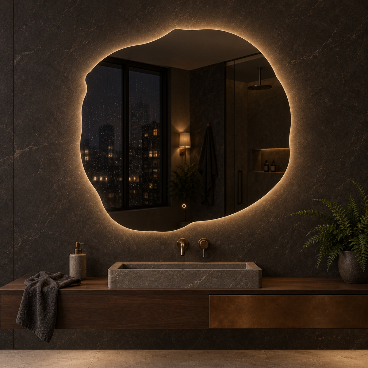 Unregelmäßiger LED-Spiegel FIBONA 100 × 100 cm, rahmenlos, Touchschalter – Produktbild 2