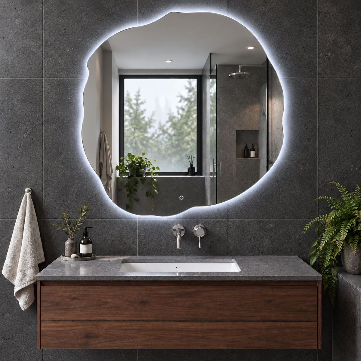 Unregelmäßiger LED-Spiegel FIBONA 110 × 110 cm, rahmenlos, Touchschalter – Produktbild 5