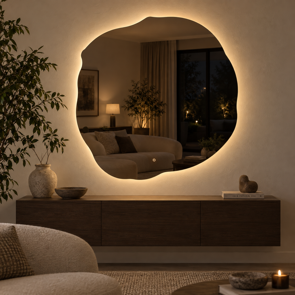 Unregelmäßiger LED-Spiegel FIBONA 140 × 140 cm, rahmenlos, Touchschalter – Produktbild 1