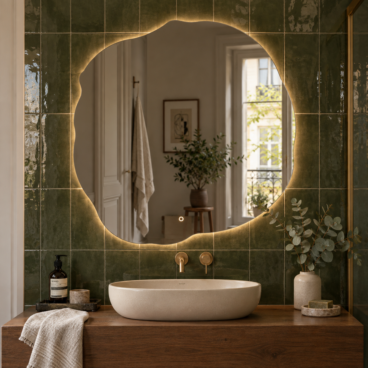 Unregelmäßiger LED-Spiegel FIBONA 150 × 150 cm, rahmenlos, Touchschalter – Produktbild 5