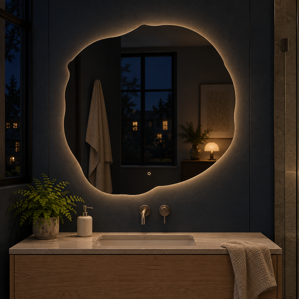Unregelmäßiger LED-Spiegel FIBONA 70 × 70 cm, rahmenlos, Touchschalter – Produktbild 2