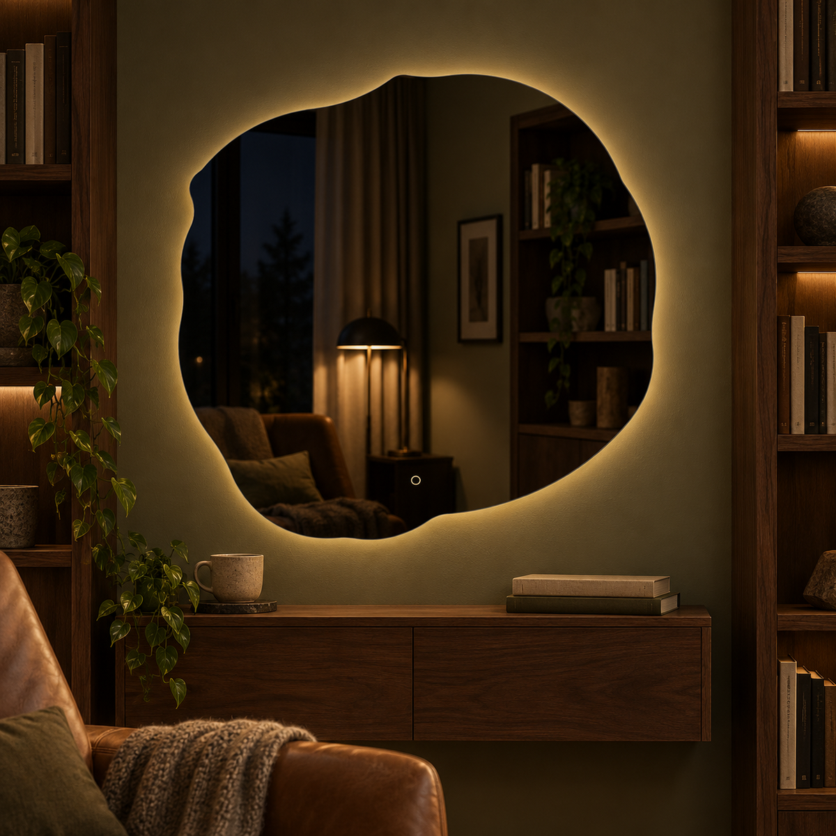 Unregelmäßiger LED-Spiegel FIBONA 70 × 70 cm, rahmenlos, Touchschalter – Produktbild 3