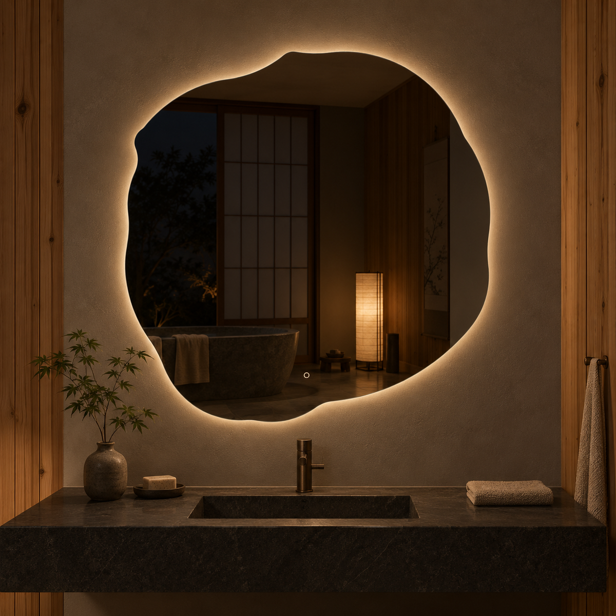 Unregelmäßiger LED-Spiegel FIBONA 80 × 80 cm, rahmenlos, Touchschalter – Produktbild 2