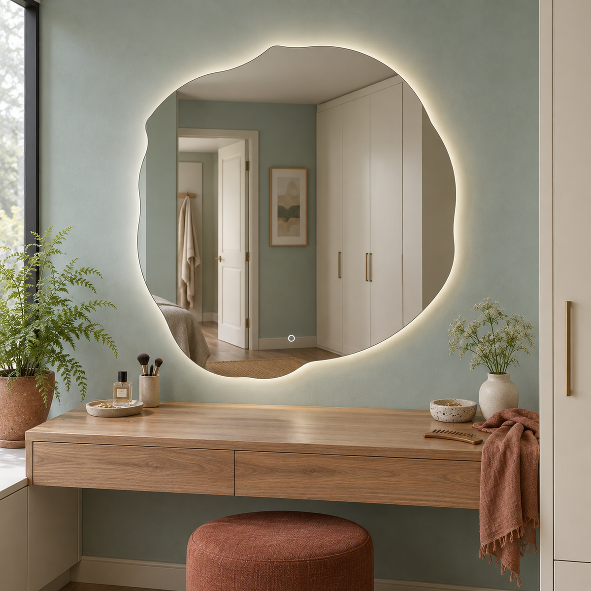 Unregelmäßiger LED-Spiegel FIBONA 90 × 90 cm, rahmenlos, Touchschalter – Produktbild 1