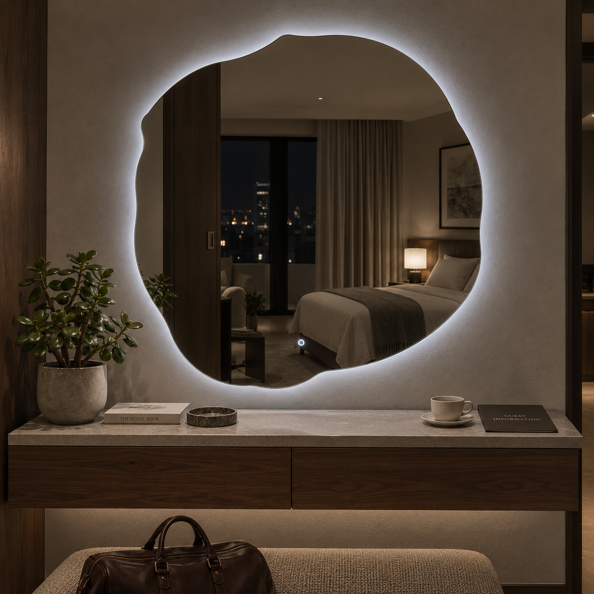 Unregelmäßiger LED-Spiegel FIBONA 120 × 120 cm, rahmenlos, Wandschalter – Produktbild 2