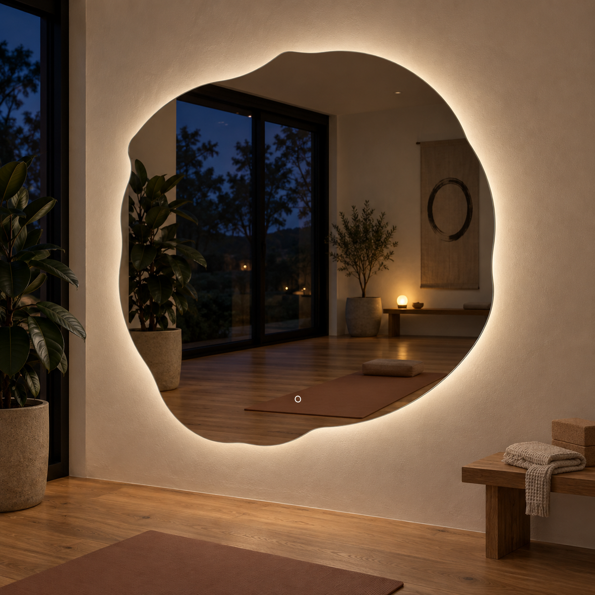 Unregelmäßiger LED-Spiegel FIBONA 140 × 140 cm, rahmenlos, Wandschalter – Produktbild 2