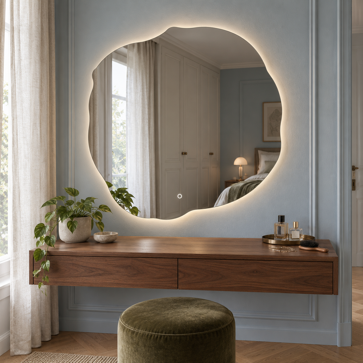 Unregelmäßiger LED-Spiegel FIBONA 150 × 150 cm, rahmenlos, Wandschalter – Produktbild 2