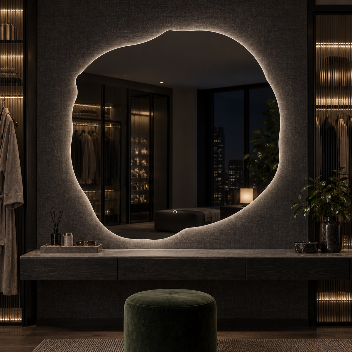 Unregelmäßiger LED-Spiegel FIBONA 150 × 150 cm, rahmenlos, Wandschalter – Produktbild 3