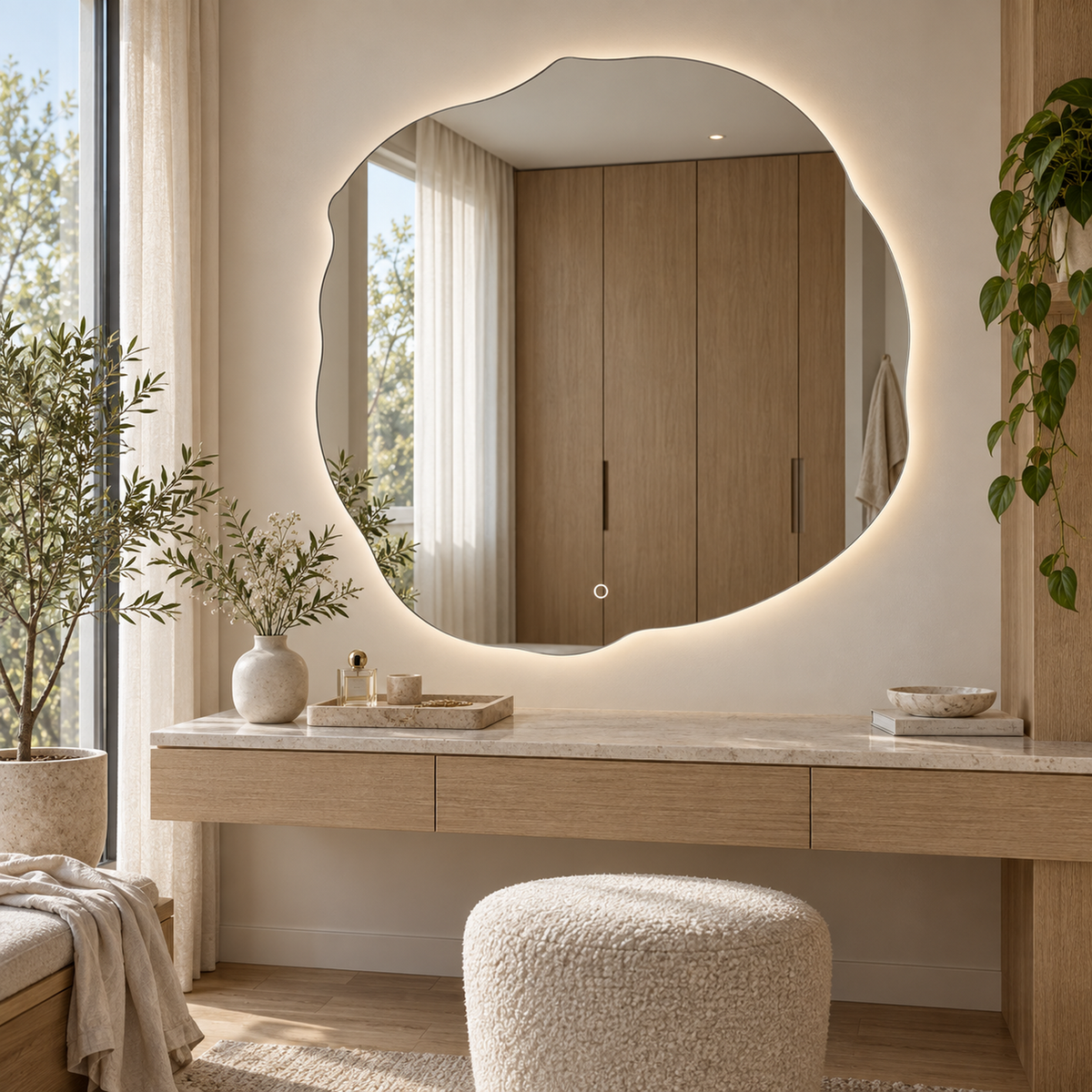 Unregelmäßiger LED-Spiegel FIBONA 70 × 70 cm, rahmenlos, Wandschalter – Produktbild 2