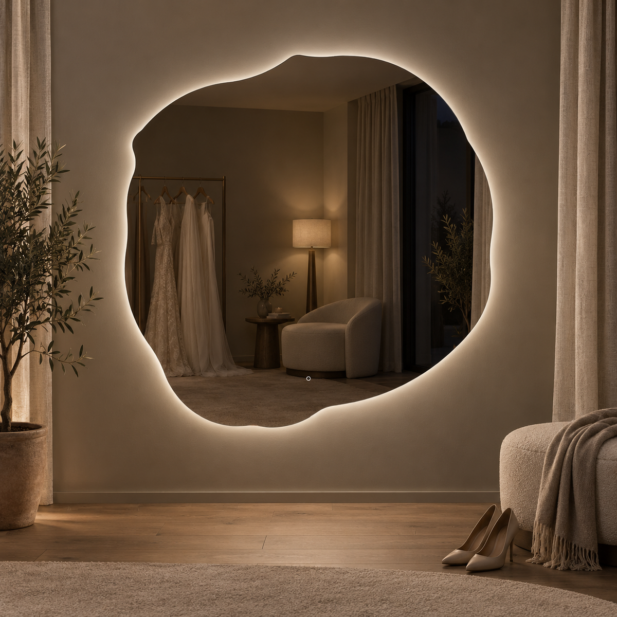 Unregelmäßiger LED-Spiegel FIBONA 80 × 80 cm, rahmenlos, Wandschalter – Produktbild 4