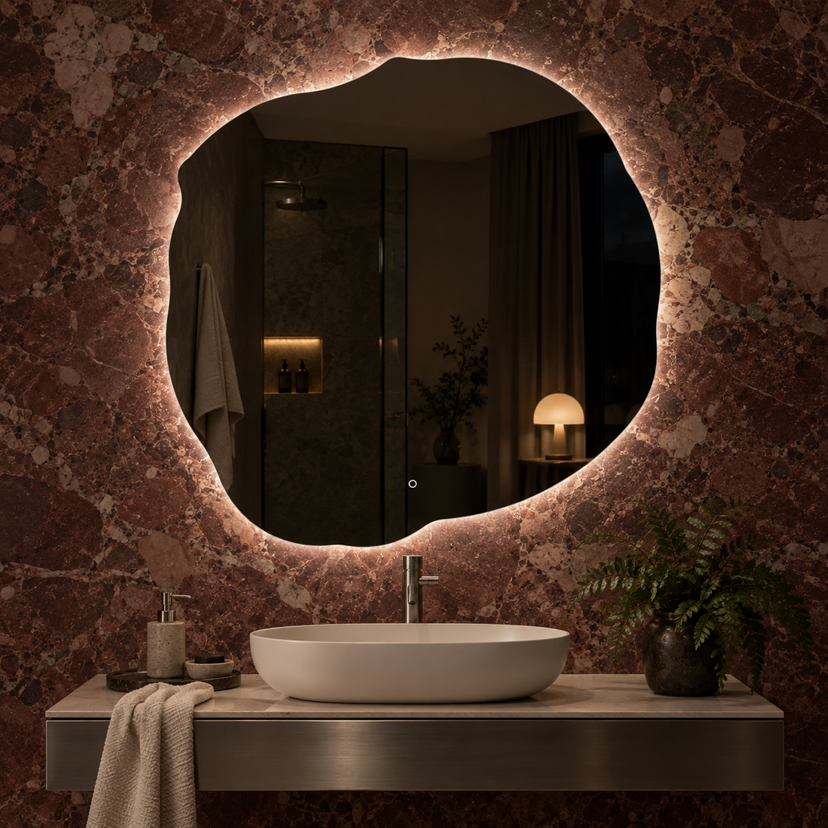 Unregelmäßiger LED-Spiegel FIBONA 120 × 120 cm, rahmenlos, Handgestensensor – Produktbild 1