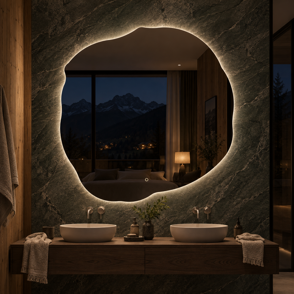 Unregelmäßiger LED-Spiegel FIBONA 120 × 120 cm, rahmenlos, Handgestensensor – Produktbild 2