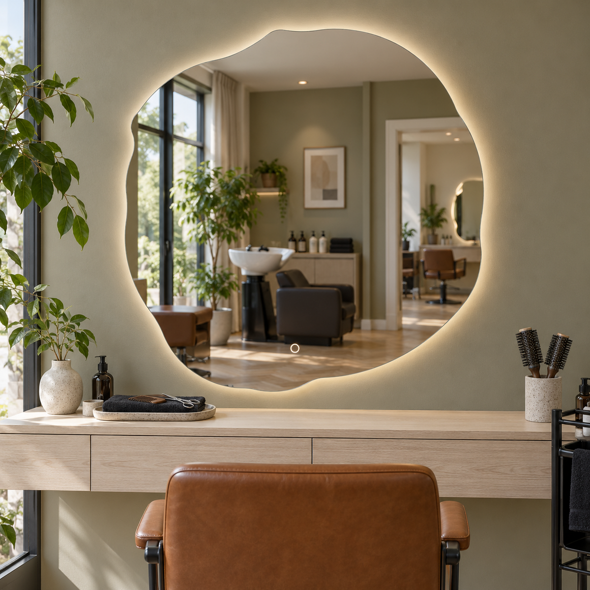 Unregelmäßiger LED-Spiegel FIBONA 80 × 80 cm, rahmenlos, Handgestensensor – Produktbild 5