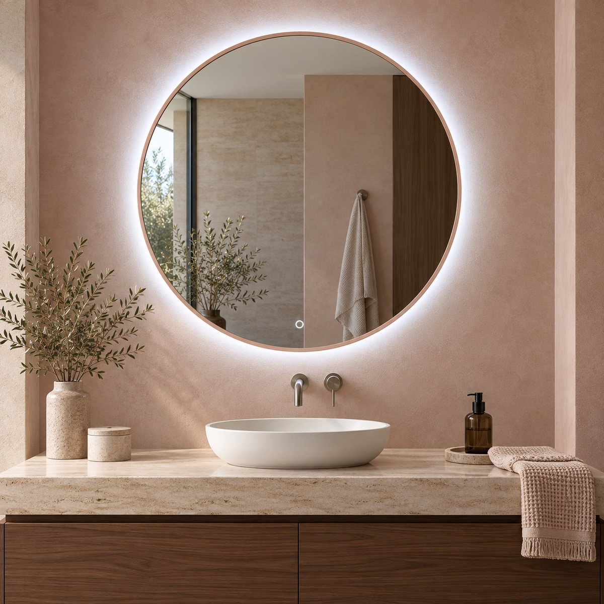 Runder LED-Spiegel Ø150 cm, weißer Slim-Rahmen, Touch-Schalter – Produktbild 4