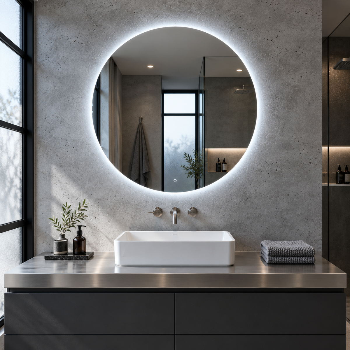 Runder LED-Spiegel Ø70 cm, rahmenlos, Touch-Schalter – Produktbild 1