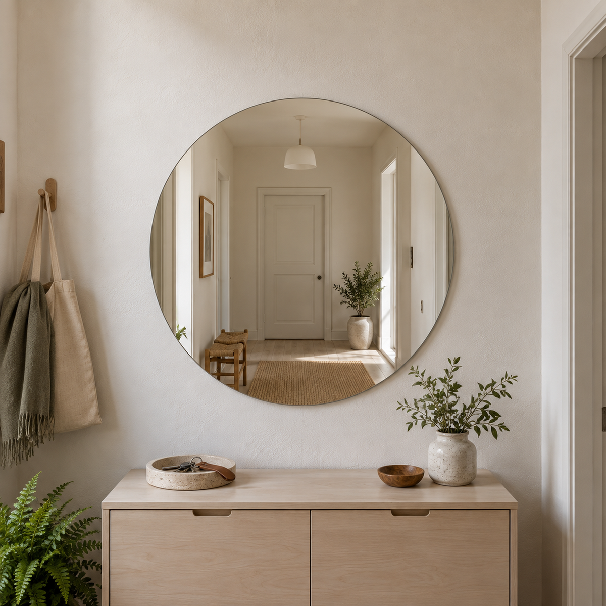 Runder Spiegel Ø 120 cm rahmenlos, mit Aufhängern und Dübeln – Produktbild 2
