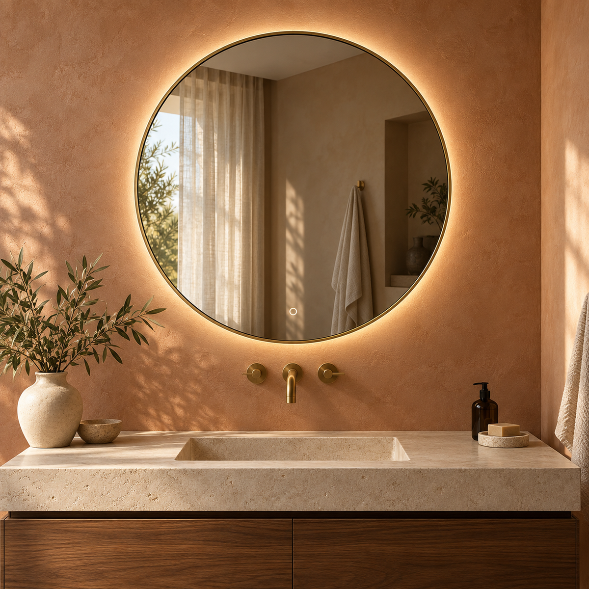 Runder LED-Spiegel Ø110 cm, weißer Slim-Rahmen, Touch-Schalter – Produktbild 1
