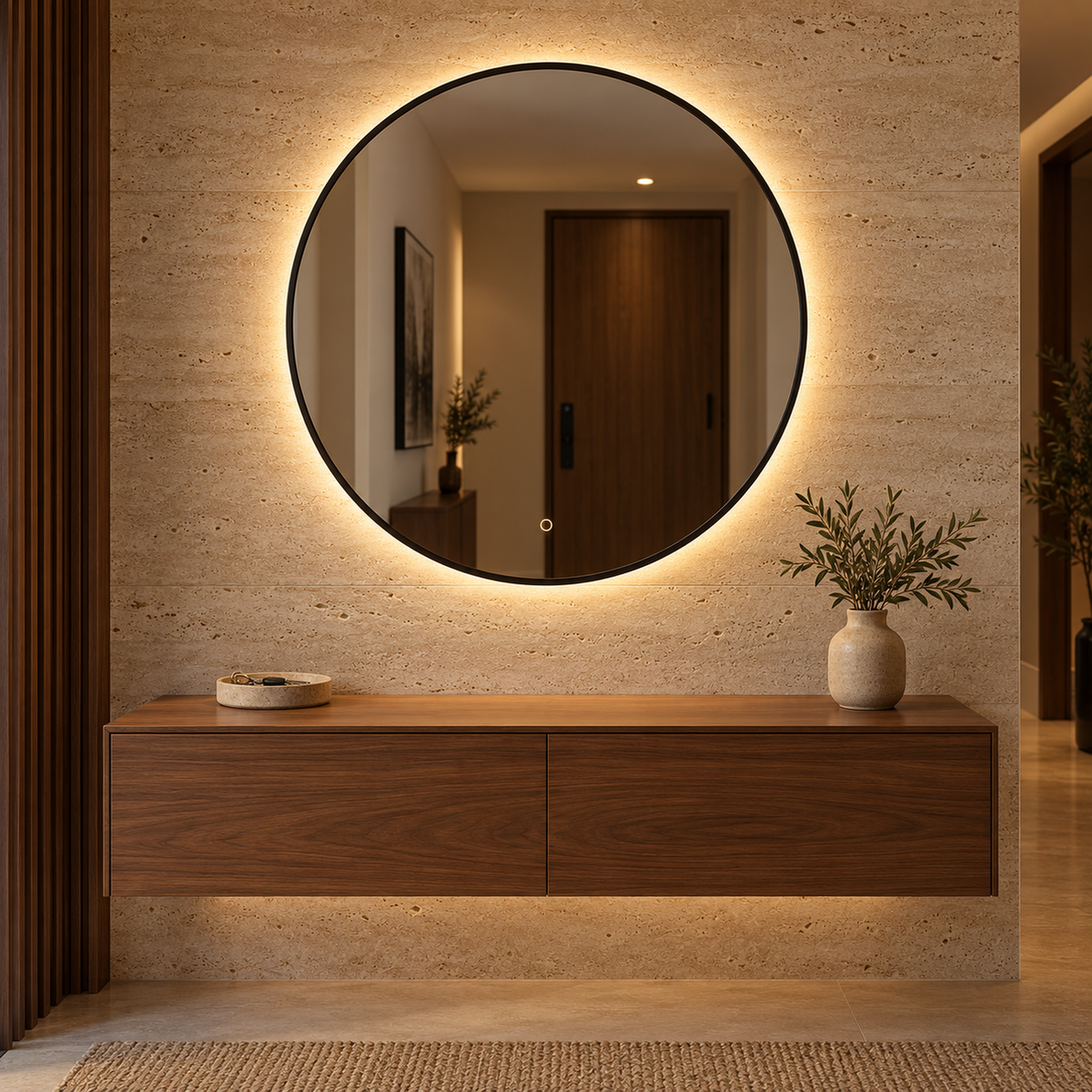 Runder LED-Spiegel Ø110 cm, weißer Slim-Rahmen, Touch-Schalter – Produktbild 4