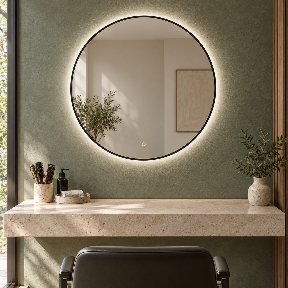 Runder LED-Spiegel Ø110 cm, weißer Slim-Rahmen, Touch-Schalter – Produktbild 5