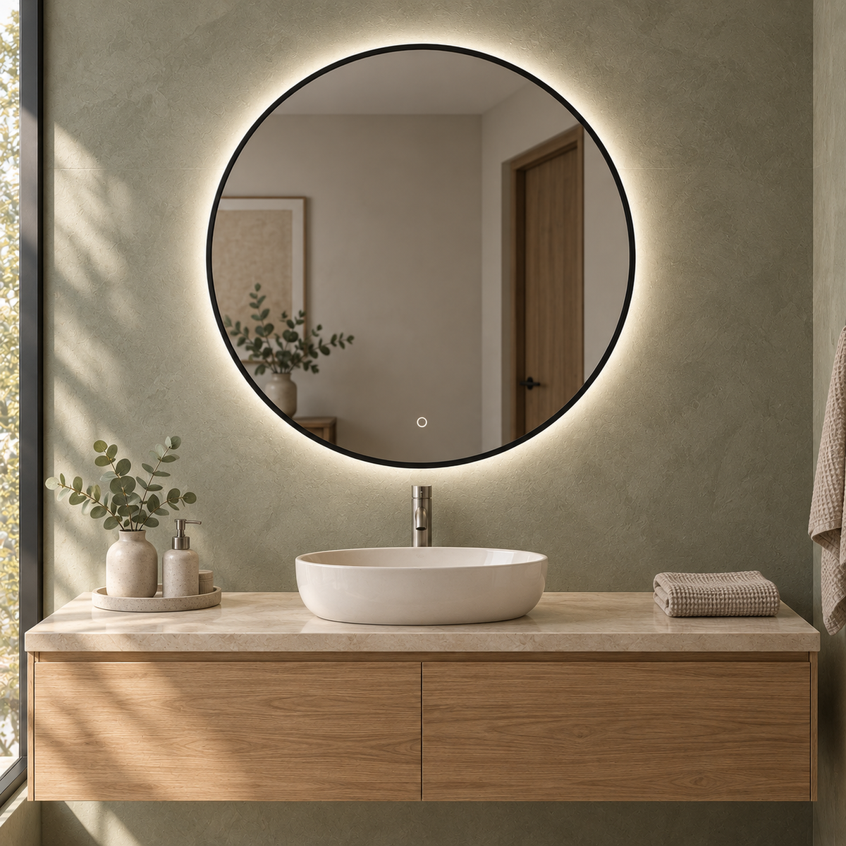 Runder LED-Spiegel Ø110 cm, silberfarbener Slim-Rahmen, Touch-Schalter – Produktbild 3